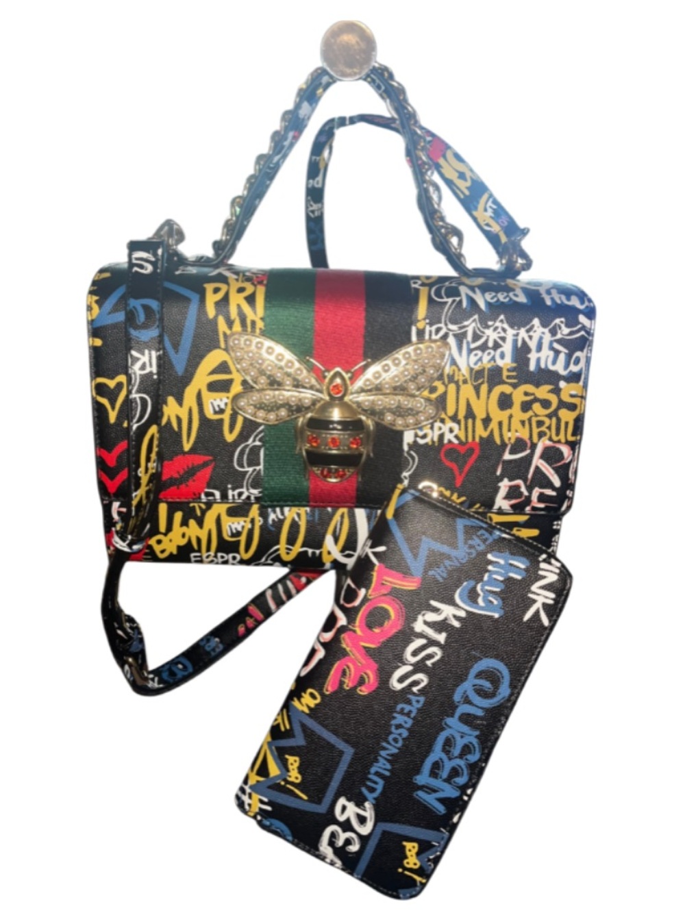 NWOT Graffiti Queen Bee
Stripe 2-in-1 Boxy Satchel & Zip Around Wallet Set